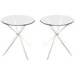 Retro Tripod Folding Silver Plate and Glass Side or Drink Round Tables Pair Of