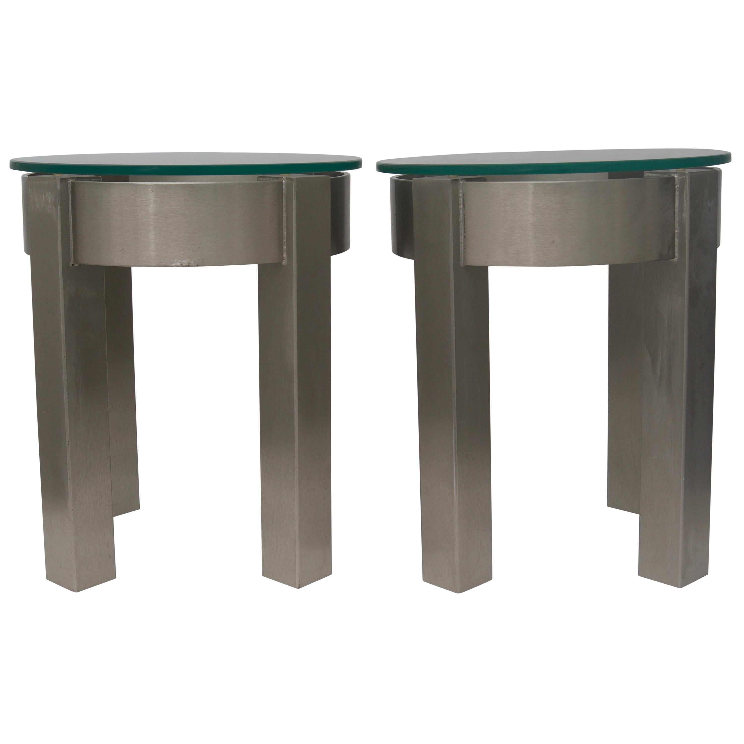Pair of Round Stainless Steel Side Tables