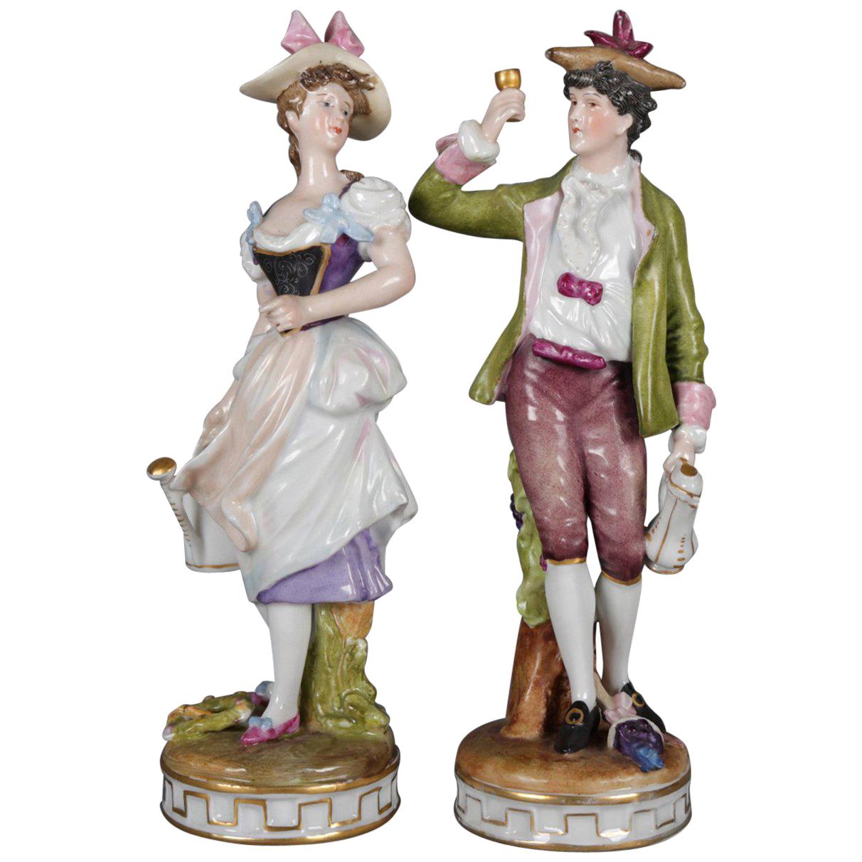 Antique Pair of Meissen Hand Painted and Gilt Porcelain Courting Couple Figures