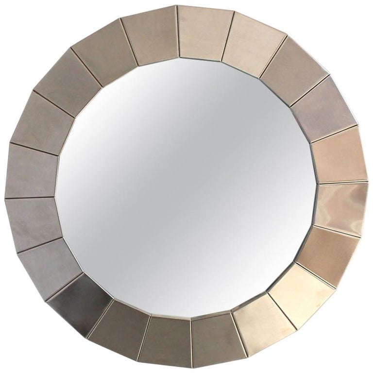 Zamora Mirror With Polished Stainless Steel And White Stained Fine French 1970s Round Faceted Polished Stainless Steel Framed Mirror