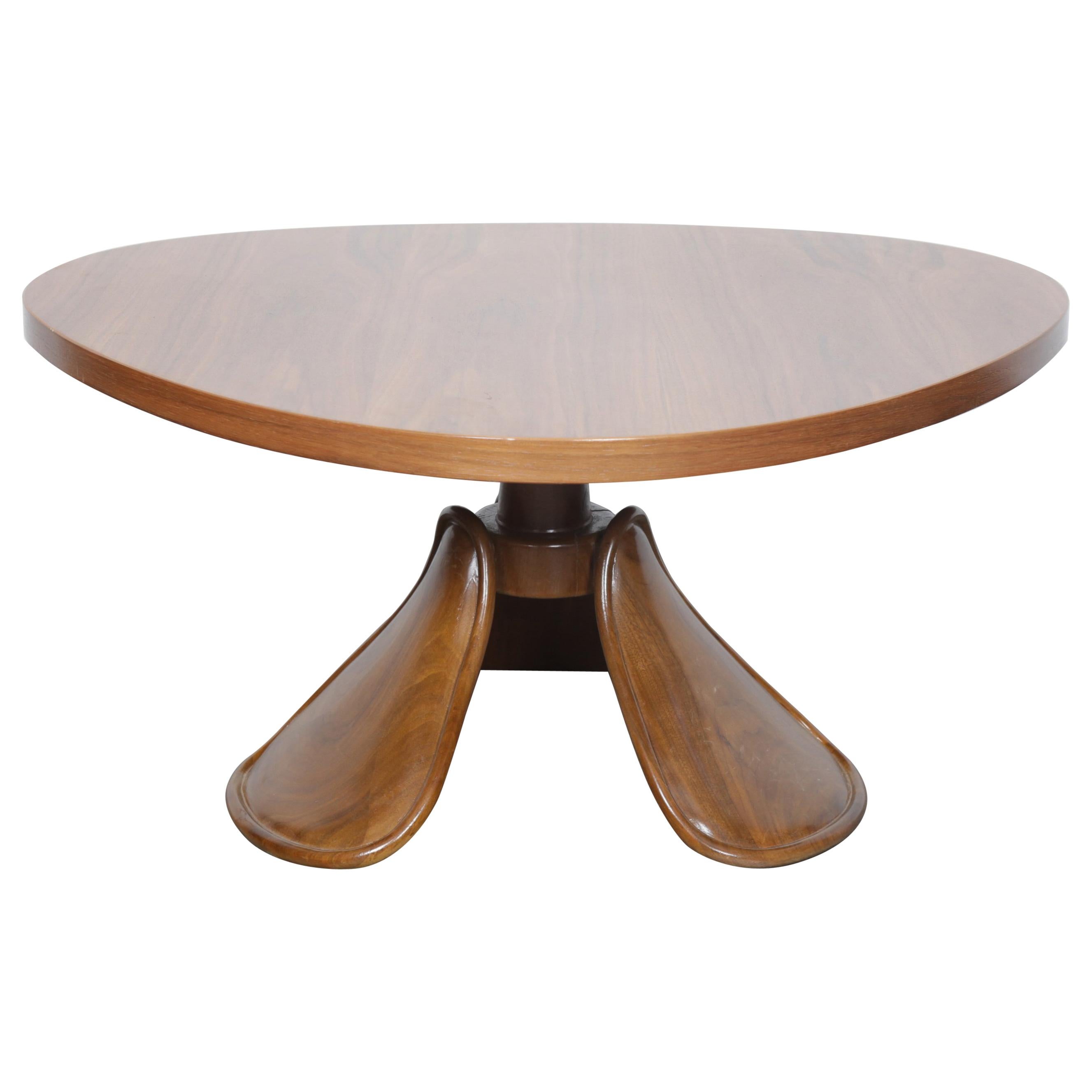 Midcentury Walnut Coffee Table with Organic Rounded Top and Leaf Style Legs