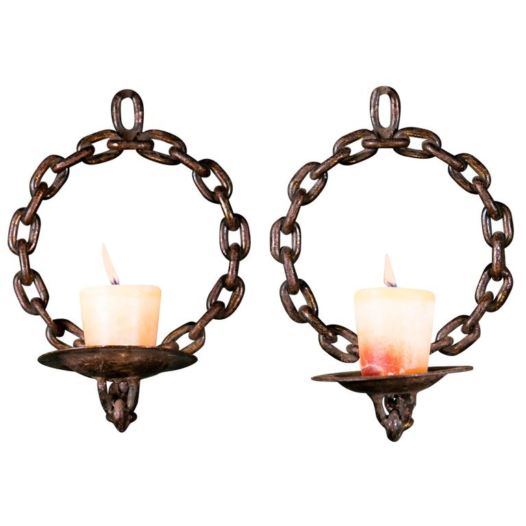 Pair of HandCrafted Belgian Iron Chain Link Candle Wall Sconces, circa