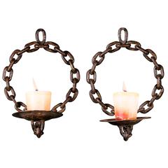 Pair of Handcrafted Iron Chain Link Candle Wall Sconces from Belgium, circa 1930 6