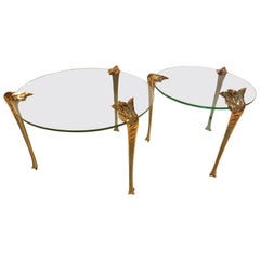 Pair of Cut-Glass Side Tables with Polished Brass Ornamentations