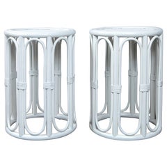 Pair of Cylindrical White Painted Rattan Side Tables