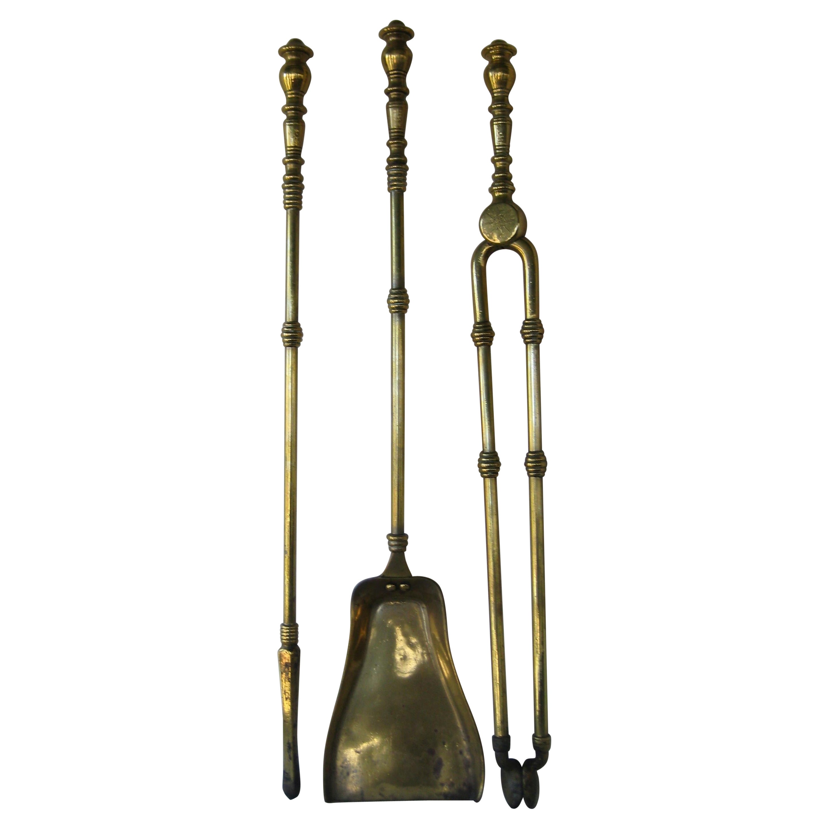 19th C. Set of 3 Brass Fireplace Tools Comprised of Tongs, Poker, and Shovel For Sale