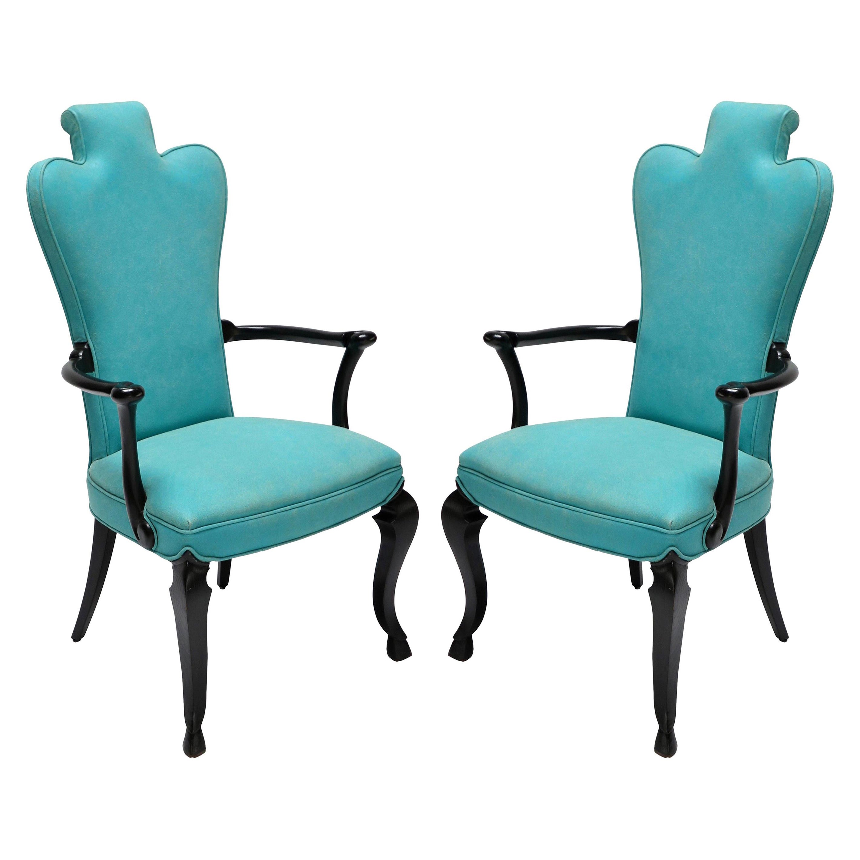 Pair of Custom Black Lacquer Armchairs in Turquoise Leather by Adesso Imports For Sale