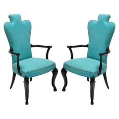 Paire de fauteuils personnalisés en laque noire et cuir turquoise par Adesso Imports