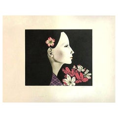 Kaoru Saito Signed Limited Edition Japanese Mezzotint Print "Sasanqua"