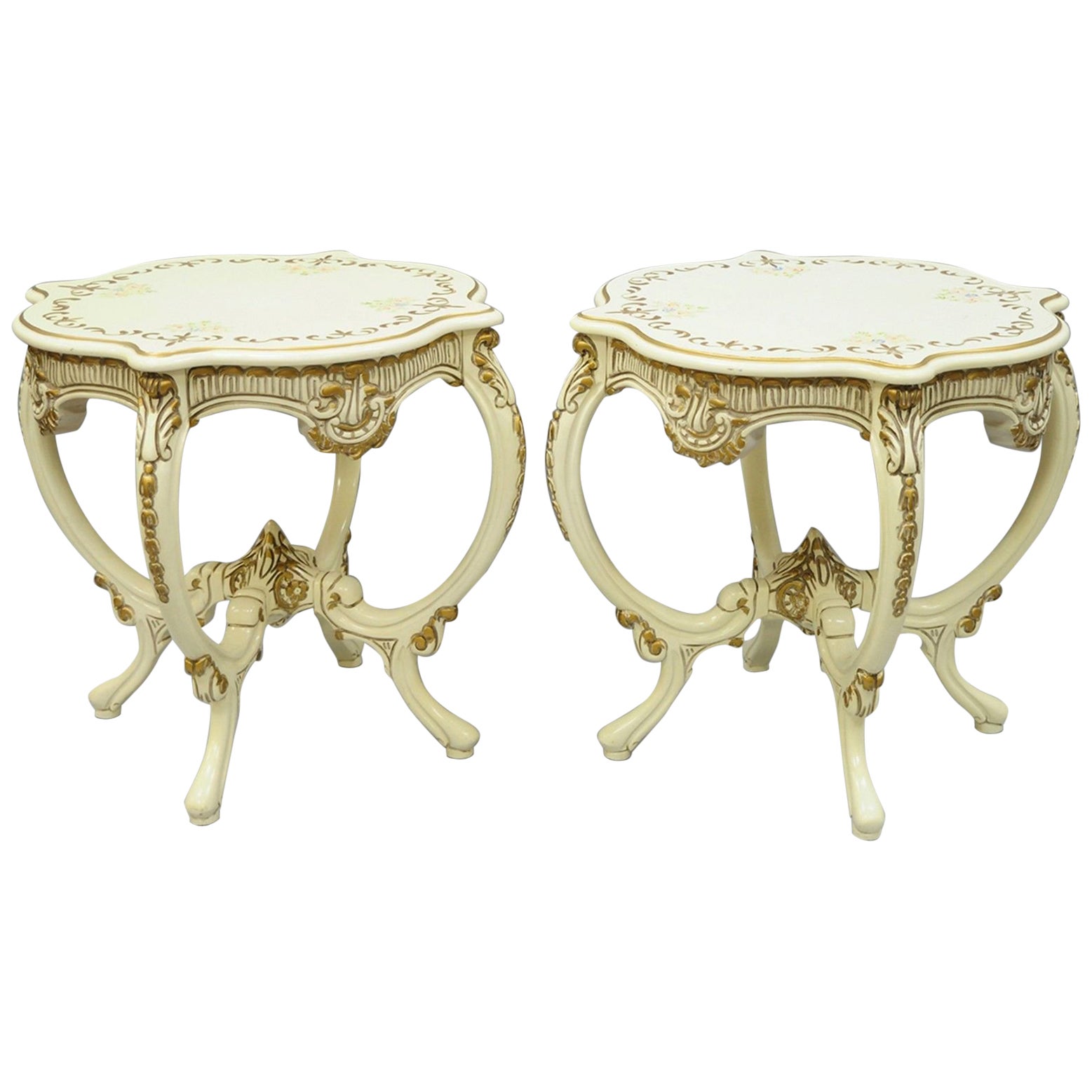 Pair of roma furniture french provincial louis xv floral painted end tables for sale at 1stdibs