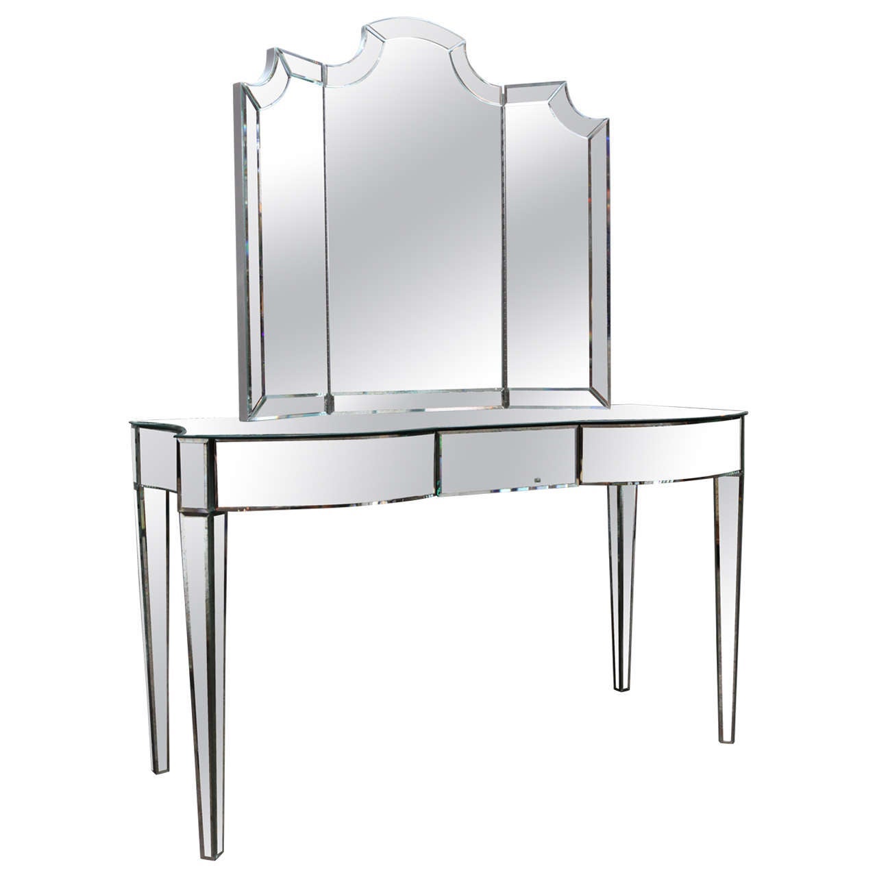 Glass Made to Order Three Drawers at Front Antiqued Mirrored Vanity w/ Trifold Mirror For Sale