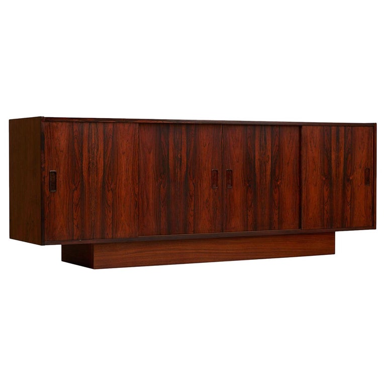 Long Low Danish Modern Rosewood Sliding Door Front Credenza Media For Sale at 1stdibs