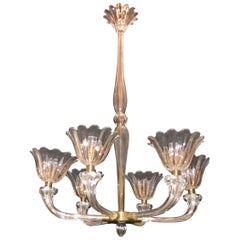 Mid-Century Modern Venetian Art Deco Bronze Blown Glass Six-Light Chandelier