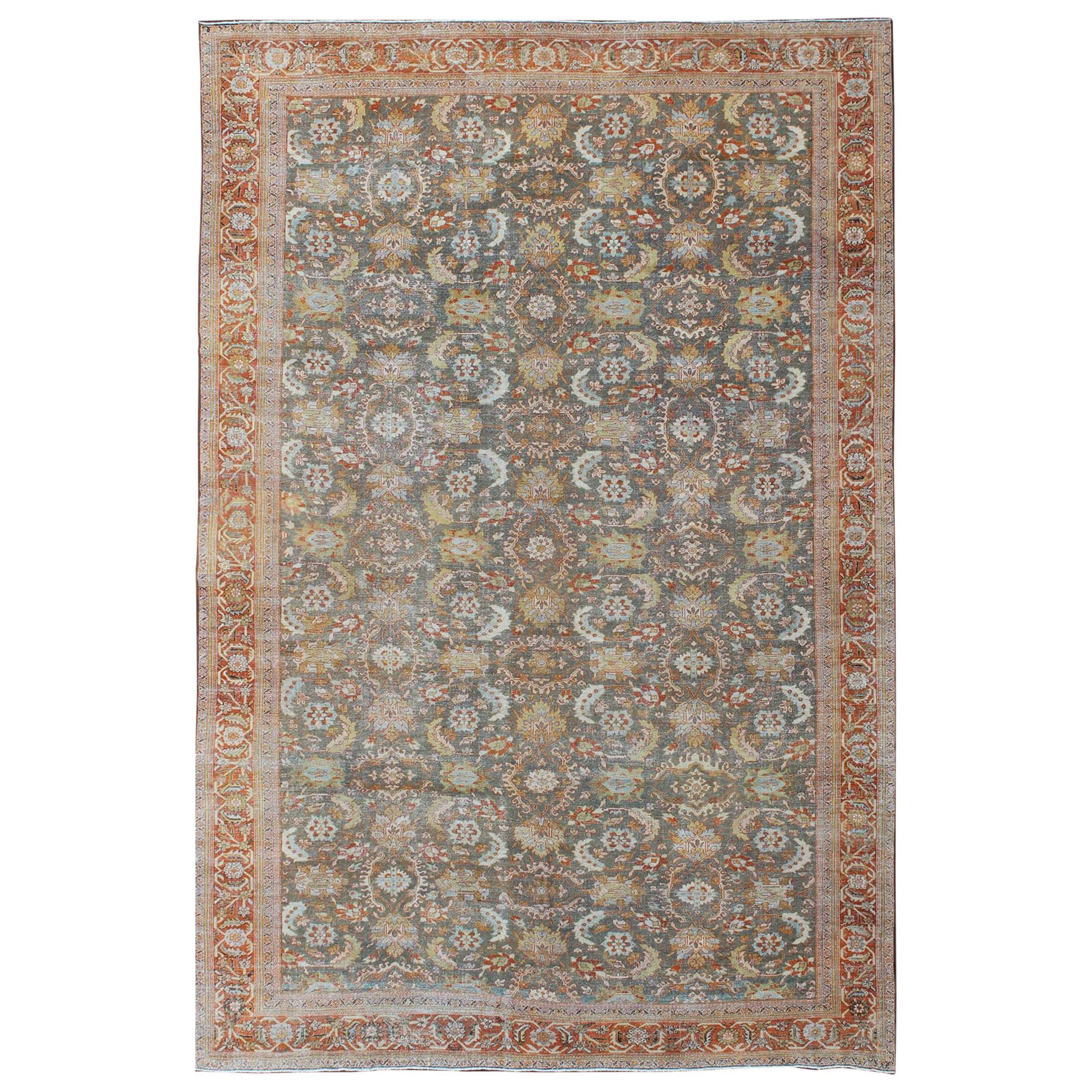 Large Antique Persian Sultanabad Rug in Gray, Gray/Green, Lime Green & Rust Red For Sale