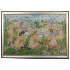 Oil on Canvas Pointillism Painting of Naked Women