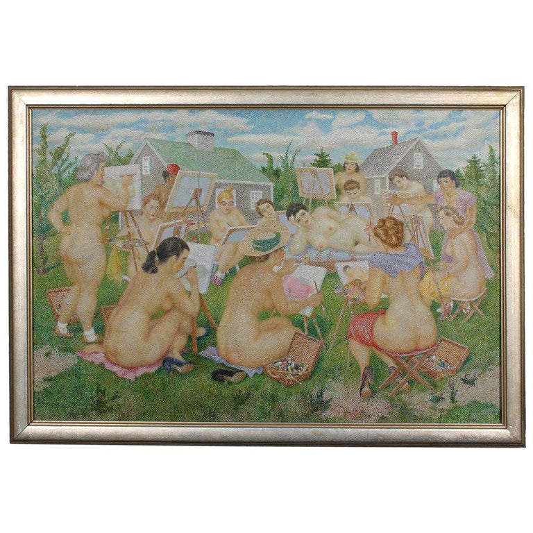 Oil on Canvas Pointillism Painting of Naked Women For Sale