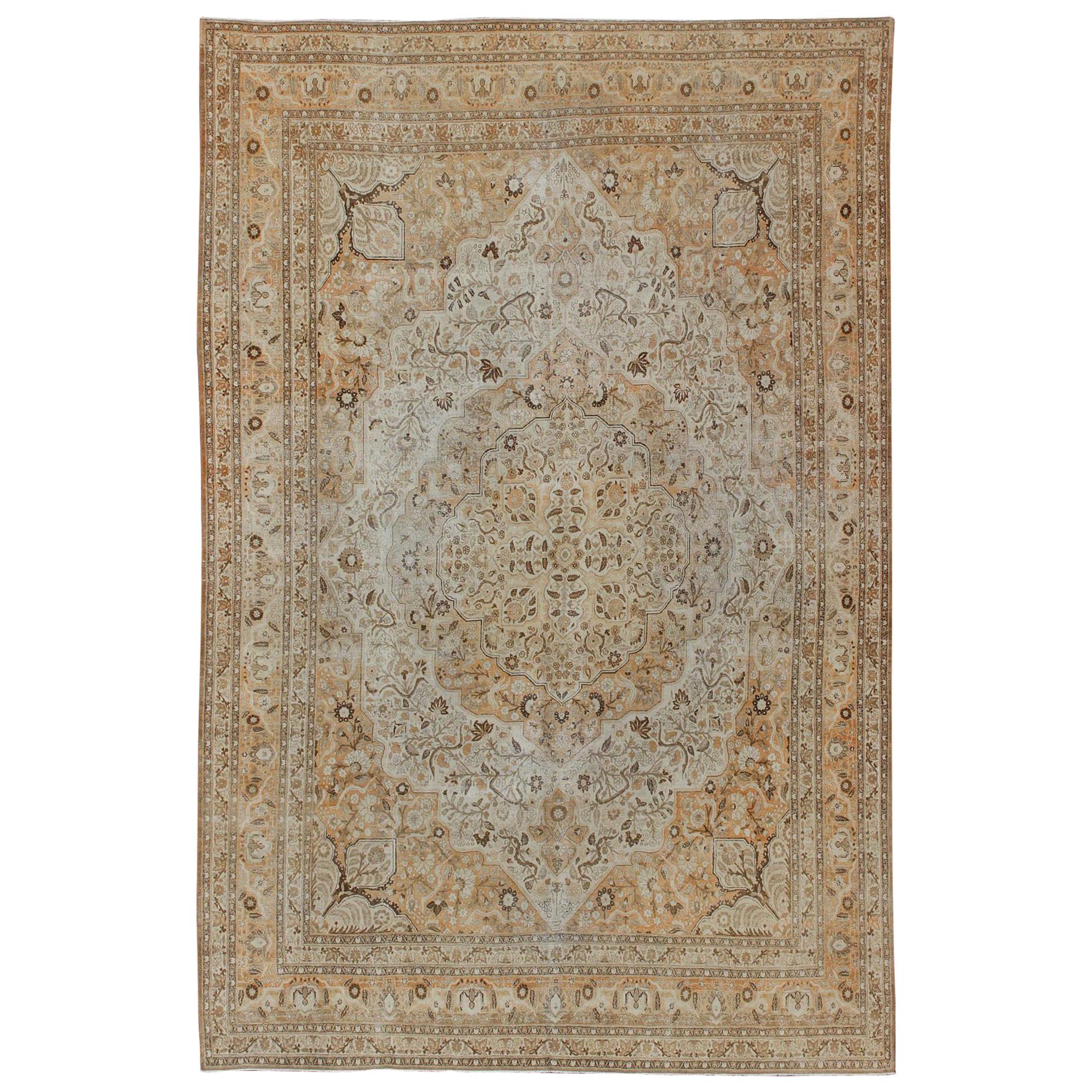 Antique Persian Tabriz Rug with Layered Medallion in Light Copper, Brown & Cream