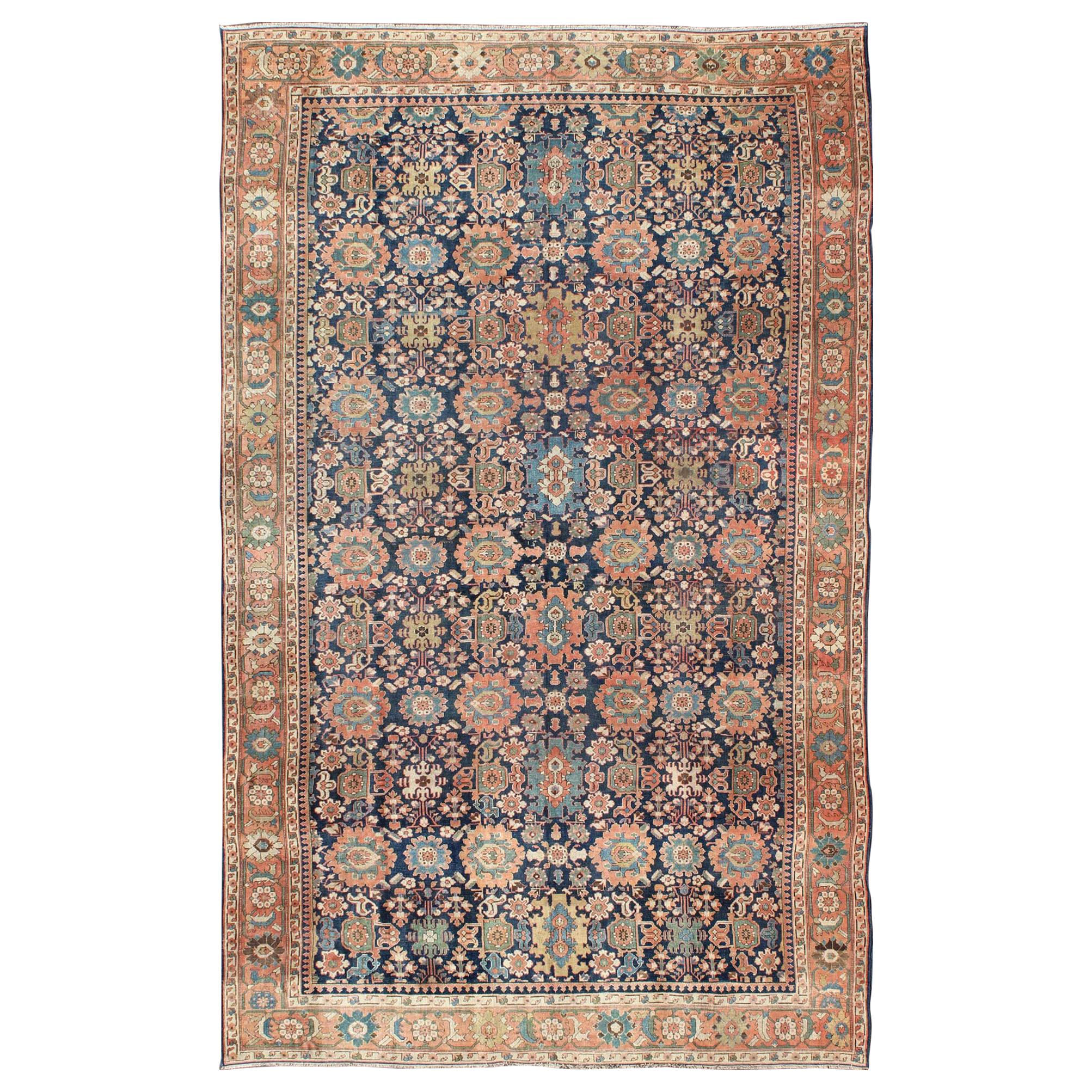 Very Large Antique Persian Hamedan Rug with Blossom Design in Blue Background For Sale