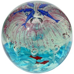 Large Murano Glass Paperweight Internal Decorations of Dolphins and Sea Life