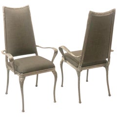 Set of Four Polished Raw Cast Aluminum Tall Back Chairs Upholstered Back & Seat