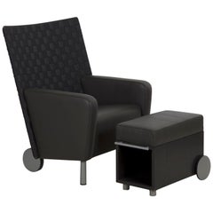 21st Century Modern Gray Leather and Woven-Back Lounge Chair with Ottoman