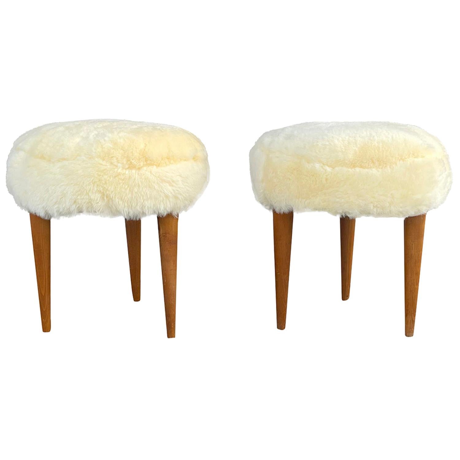 20th Century, Italian, Yellow Sheepskin Pair of Round Walnut Stools