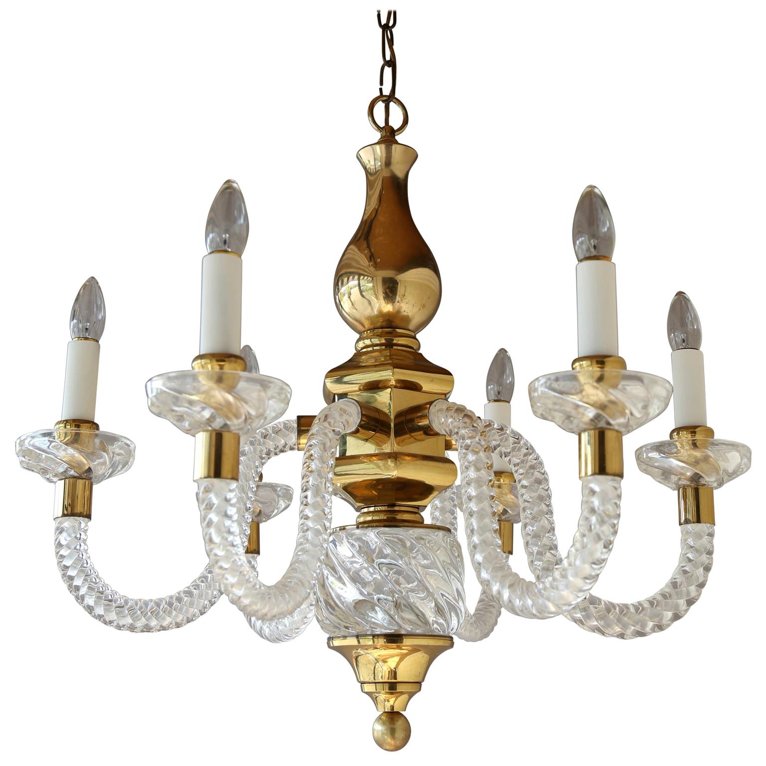 Vintage Chandelier with Spiral Glass Arms and Brass Accents