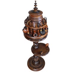 Vintage Pipe Stand or Table with Antique Tobacco Box & Midcentury Pipe Carousel
