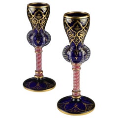 Pair of 19th Century Antique Blown Cobalt Art Glass Ribbon Twist Stem Goblets