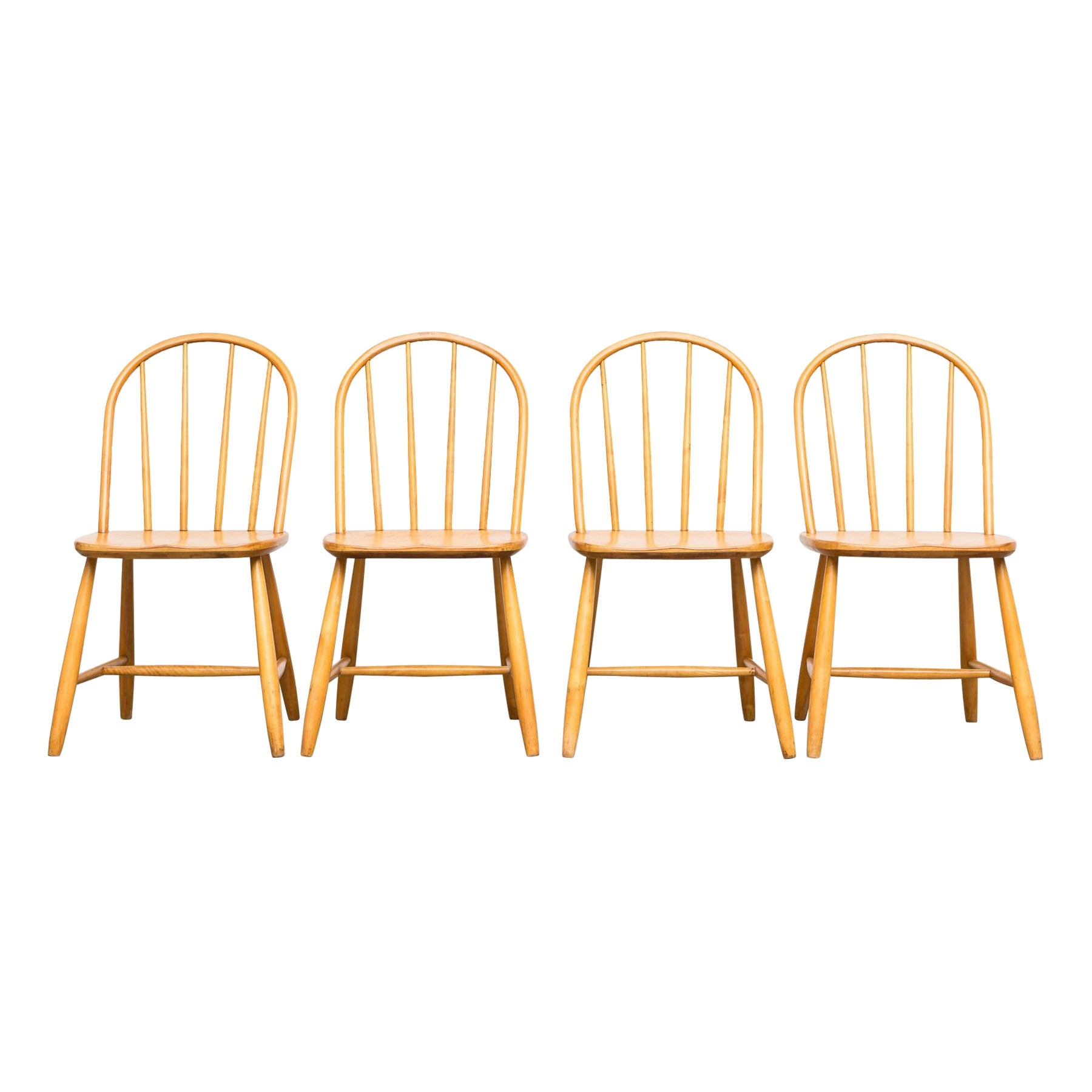 Mid-Century Set of 4 Tapiovaara Inspired Natural Blonde Wood Spindle Back Chairs