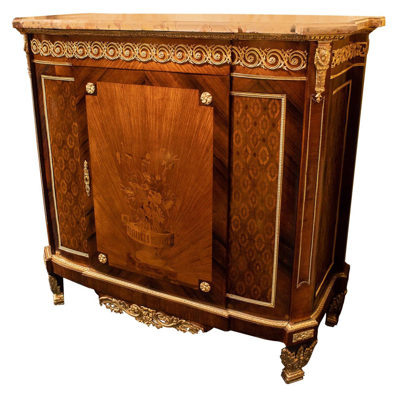 French Louis XVI Style Marquetry Inlaid Bronze-Mounted Marble-Top Commode