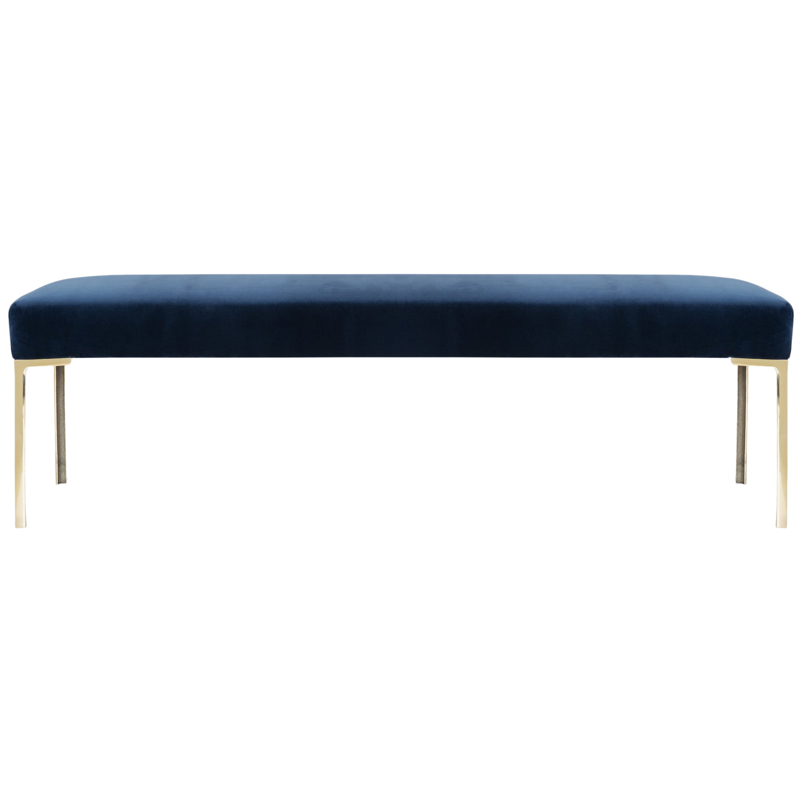 Modern Tufted Armed Bench in Light Blue Velvet with Brass Legs at 1stDibs