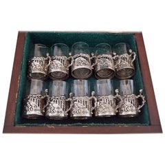 19th Century Set of Ten Sterling Silver Shot Glasses by W Comyn