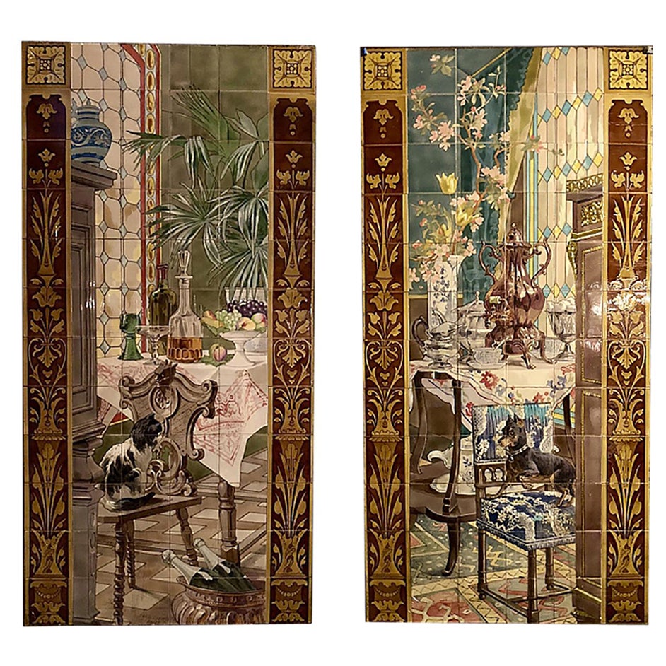 Paar antike Majolika-Ssarreguemines-Wandbilder, um 1890