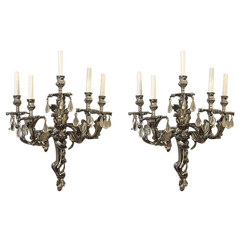 Pair of Antique Silvered Bronze and Crystal French Wall Lights, circa 1890