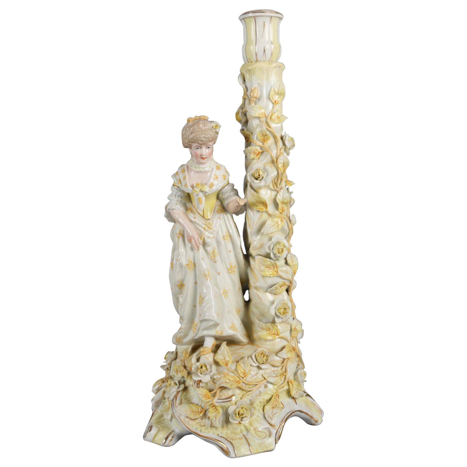 Antique German Meissen Hand Painted and Gilt Figural Porcelain Candlestick For Sale