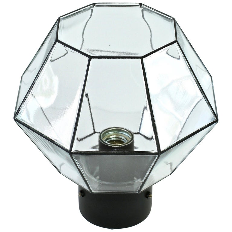 Four Large Geometric Black and Clear Glass Flush Mount Lights by