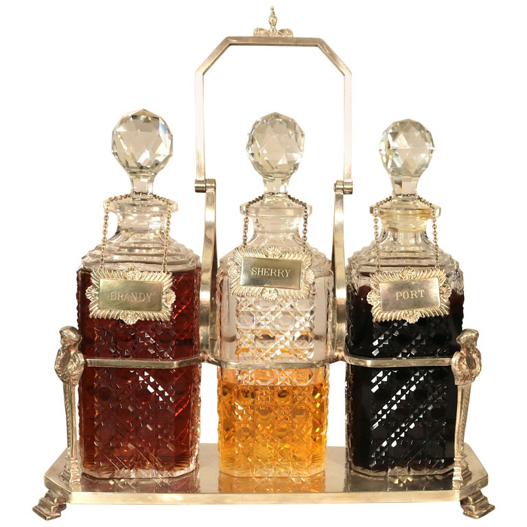 Silver Plate Liquor Decanter Caddy, Original Cut Crystal Bottle