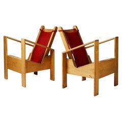 Pair of Scandinavian Lounge Chairs – 1980s Oak Frames with Red Canvas Backs
