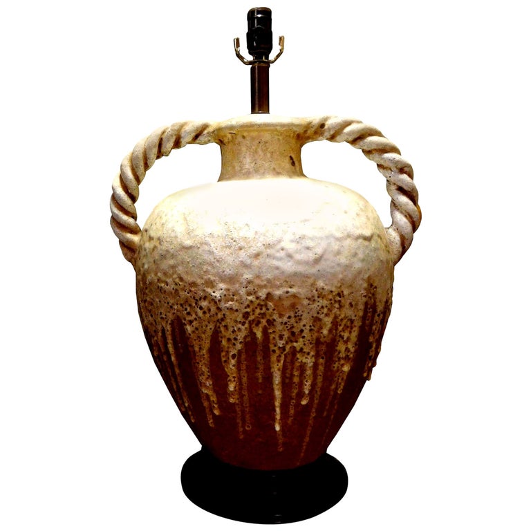 Large Italian Drip Glaze Pottery Lamp with Twisted Handles Attributed to Fantoni For Sale