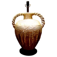 Large Italian Drip Glaze Pottery Lamp with Twisted Handles Attributed to Fantoni