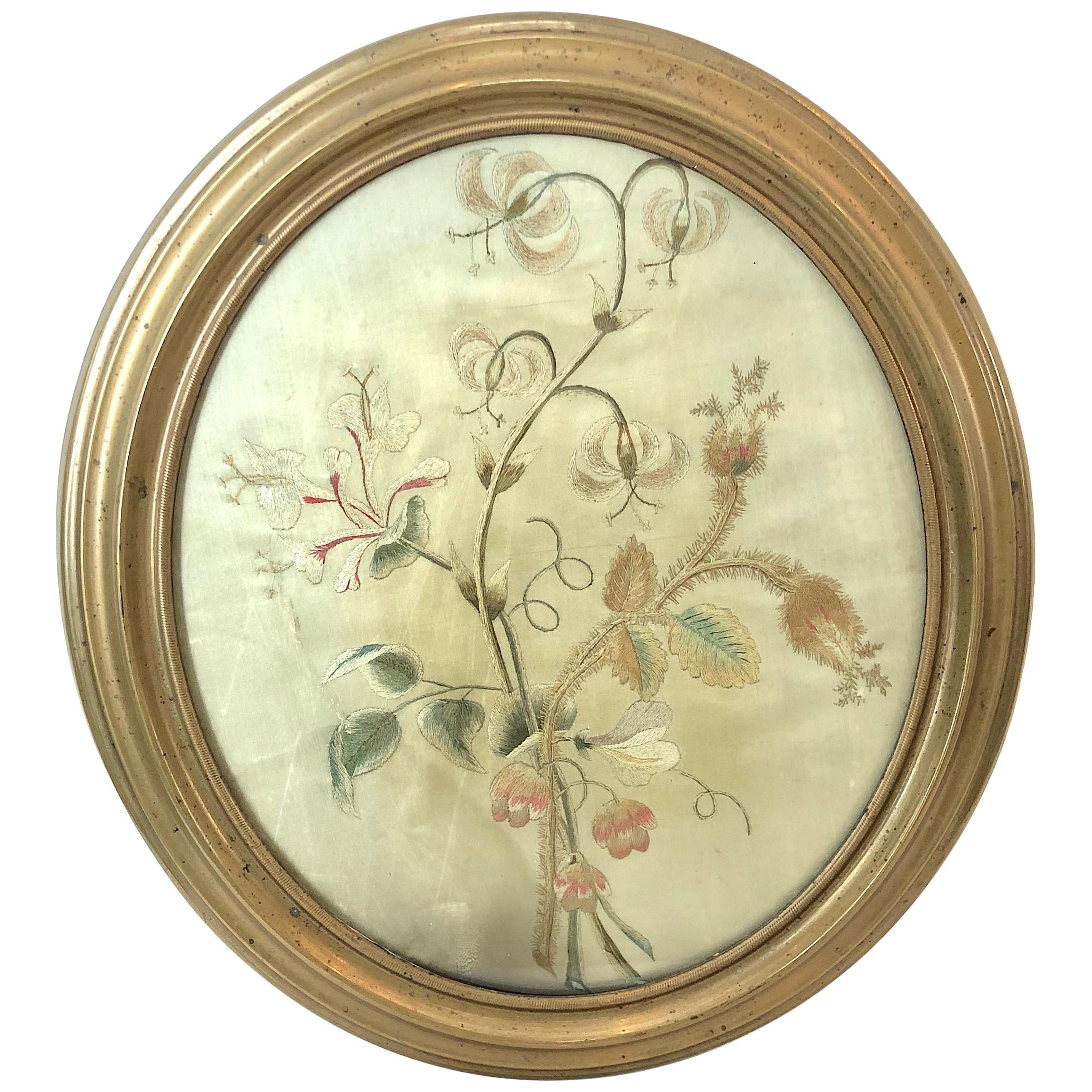 19th Century Oval Floral Silk Embroidery in Metal Frame For Sale