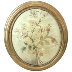 19th Century Oval Floral Silk Embroidery in Metal Frame