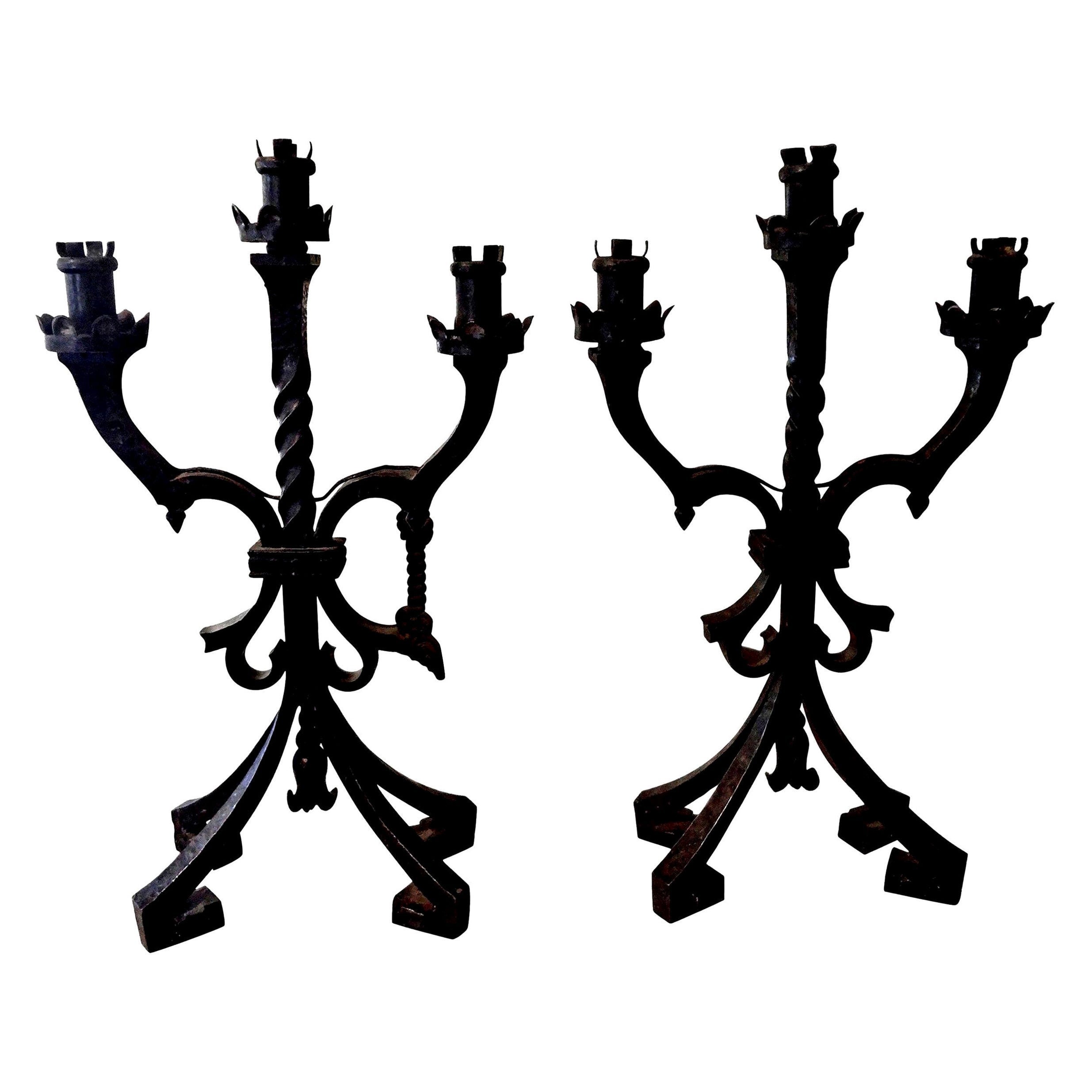 Pair of French Art Deco Iron Candleholders or Lamps Attributed to Charles Piguet