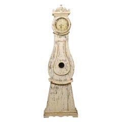 1820s Swedish Longcase Painted and Carved Mora Clock with Carved Crest