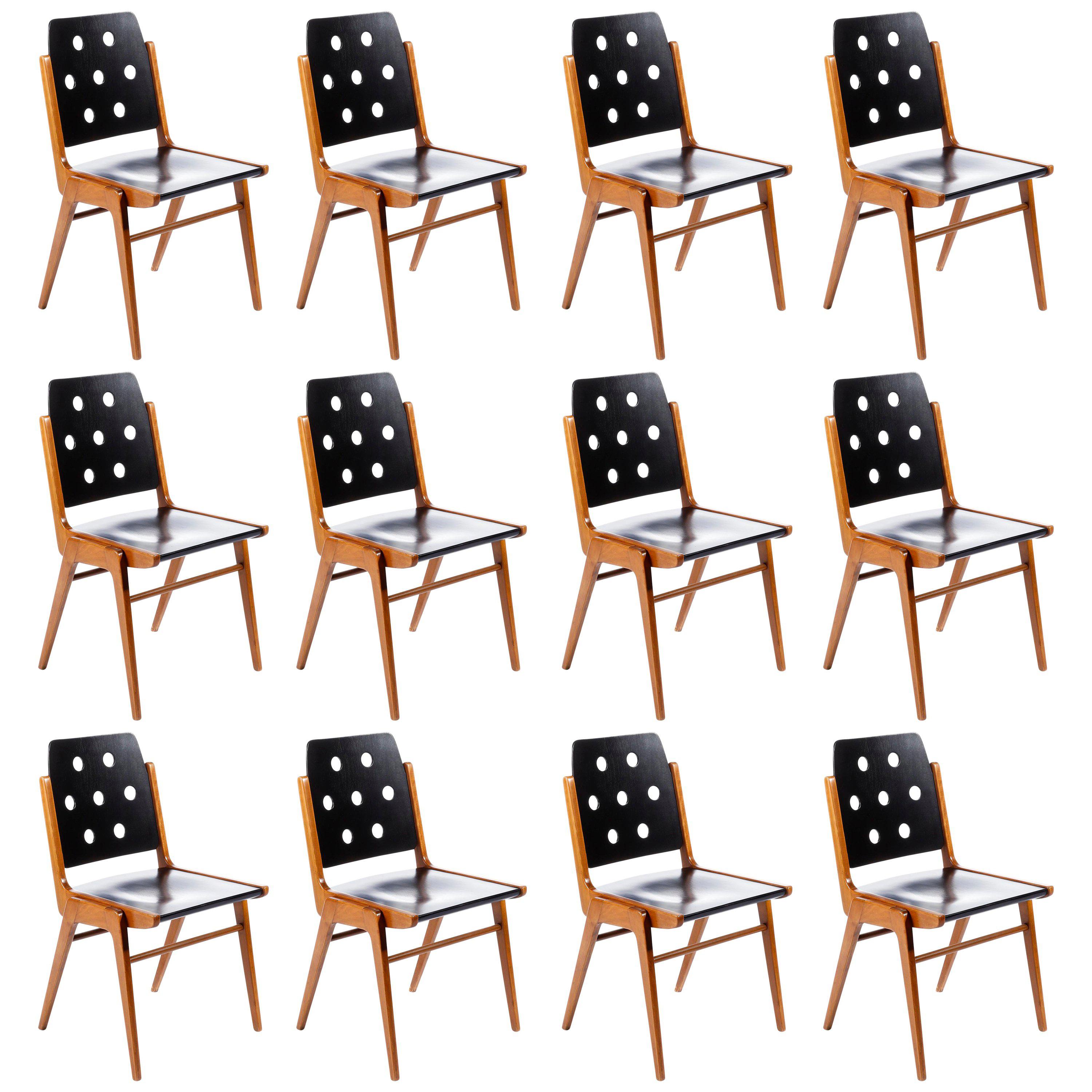 One of 12 Stacking Chairs Franz Schuster, Bicolored Beech Black, Austria, 1959