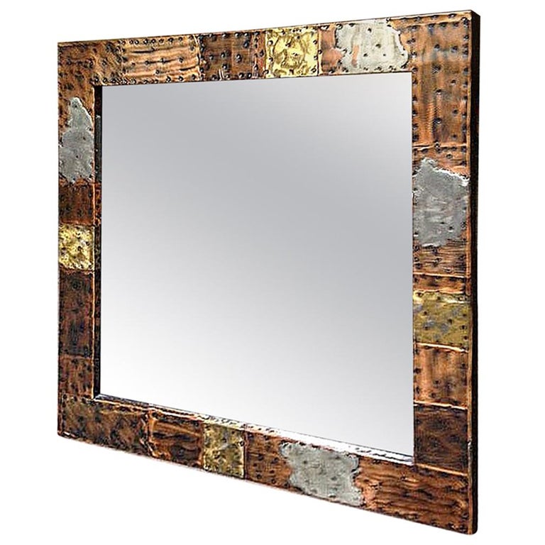 Paul Evans Bold Patchwork Mirror in Copper, Brass and Pewter For Sale
