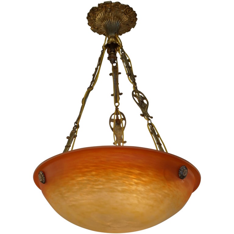 French Blown Glass In Iron Cage Pendant Light By Charles Schneider French Art Glass Chandelier By Charles Schneider