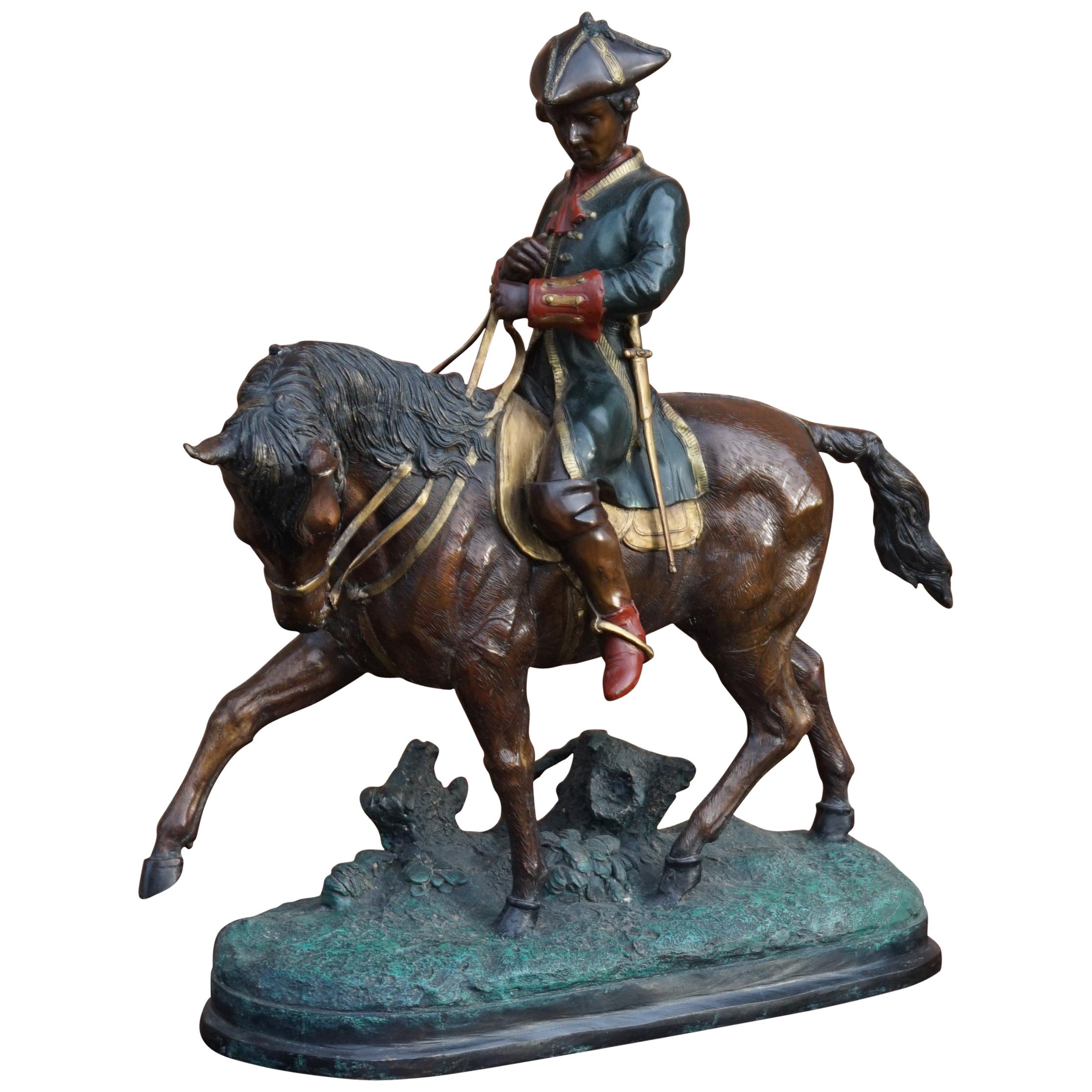 Large Polychrome Painted Bronze Sculpture of a Young Horse Riding Napoleon