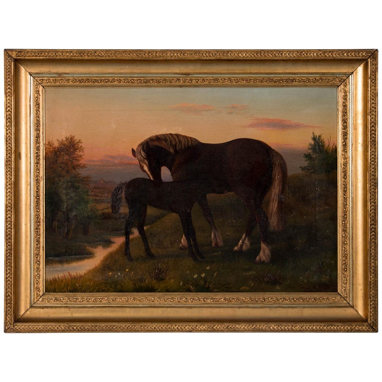 Antique Oil Painting of a Horse / Mare and Her Foal, circa 1880 For